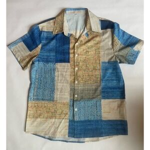 Ouku Mens Blue & Taupe Block Patterned Print Button Down Rayon Shirt Unique Med